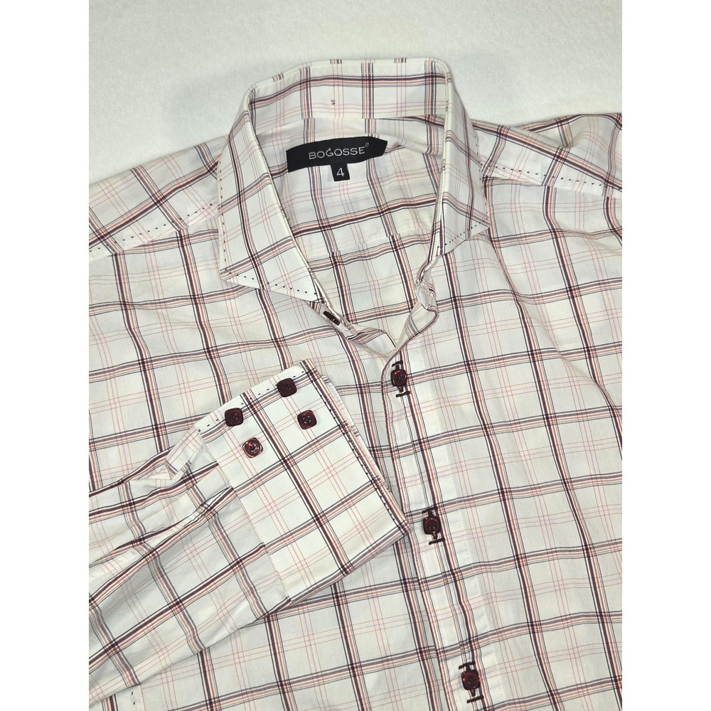 Bogosse Button Down Shirt Mens 4 Large White Burgundy Plaid Tailored Business